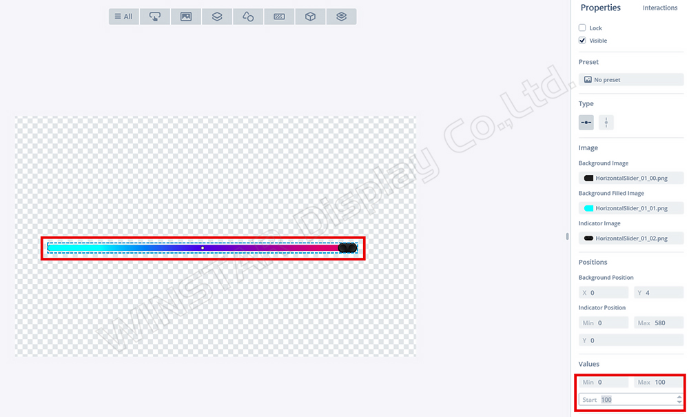 Figure 22: Adjusting Start = 100 in TouchGFX